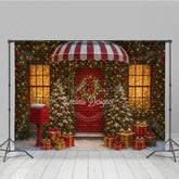 Aperturee - Aperturee Christmas Storefront Photography Backdrop Festive Red Door with Fairy Lights Snowy Holiday Photo Background